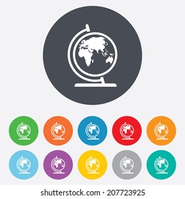 Globe sign icon. World map geography symbol. Globe on stand for studying. Round colourful 11 buttons. Vector