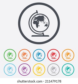 Globe sign icon. World map geography symbol. Globe on stand for studying. Round circle buttons with frame. Vector