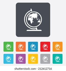 Globe sign icon. World map geography symbol. Globe on stand for studying. Rounded squares 11 buttons. Vector