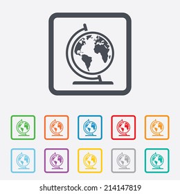Globe sign icon. World map geography symbol. Globe on stand for studying. Round squares buttons with frame. Vector