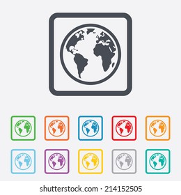 Globe sign icon. World map geography symbol. Round squares buttons with frame. Vector