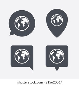 Globe sign icon. World map geography symbol. Map pointers information buttons. Speech bubbles with icons. Vector