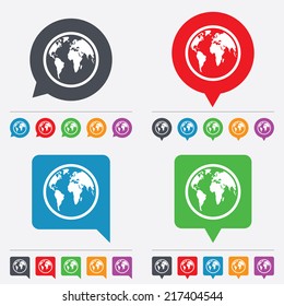Globe sign icon. World map geography symbol. Speech bubbles information icons. 24 colored buttons. Vector