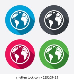 Globe sign icon. World map geography symbol. Circle buttons with long shadow. 4 icons set. Vector