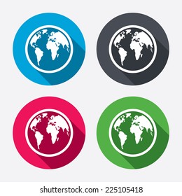 Globe sign icon. World map geography symbol. Circle buttons with long shadow. 4 icons set. Vector