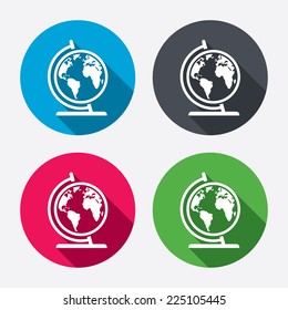 Globe sign icon. World map geography symbol. Globe on stand for studying. Circle buttons with long shadow. 4 icons set. Vector