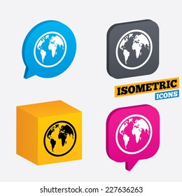 Globe sign icon. World map geography symbol. Isometric speech bubbles and cube. Rotated icons with edges. Vector