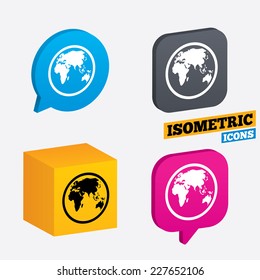 Globe sign icon. World map geography symbol. Isometric speech bubbles and cube. Rotated icons with edges. Vector