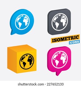 Globe sign icon. World map geography symbol. Isometric speech bubbles and cube. Rotated icons with edges. Vector
