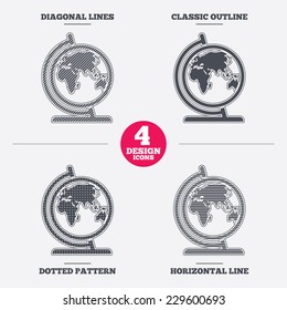 Globe sign icon. World map geography symbol. Globe on stand for studying. Diagonal and horizontal lines, classic outline, dotted texture. Pattern design icons.  Vector