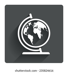 Globe sign icon. World map geography symbol. Globe on stand for studying. Gray flat square button with shadow. Modern UI website navigation. Vector