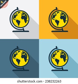 Globe sign icon. World map geography symbol. Globe on stand for studying. Four squares. Colored Flat design buttons. Vector