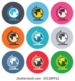 Globe sign icon. World map geography symbol. Globe on stand for studying. Colored round buttons. Flat design circle icons set. Vector
