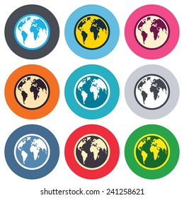 Globe sign icon. World map geography symbol. Colored round buttons. Flat design circle icons set. Vector
