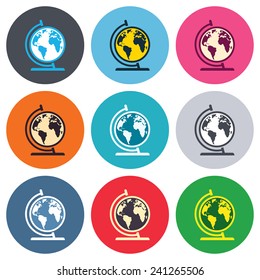 Globe sign icon. World map geography symbol. Globe on stand for studying. Colored round buttons. Flat design circle icons set. Vector