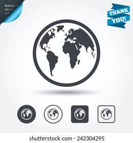 Globe sign icon. World map geography symbol. Circle and square buttons. Flat design set. Thank you ribbon. Vector