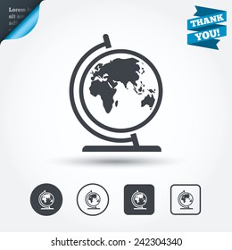 Globe sign icon. World map geography symbol. Globe on stand for studying. Circle and square buttons. Flat design set. Thank you ribbon. Vector