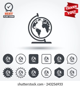 Globe sign icon. World map geography symbol. Globe on stand for studying. Circle, star, speech bubble and square buttons. Award medal with check mark. Thank you ribbon. Vector