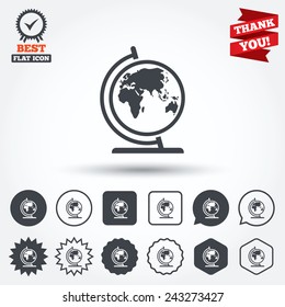 Globe sign icon. World map geography symbol. Globe on stand for studying. Circle, star, speech bubble and square buttons. Award medal with check mark. Thank you ribbon. Vector