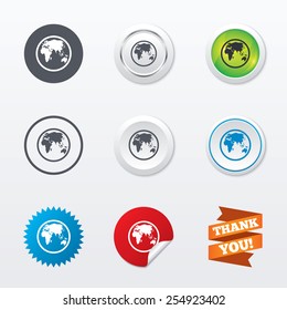 Globe sign icon. World map geography symbol. Circle concept buttons. Metal edging. Star and label sticker. Vector