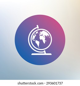 Globe sign icon. World map geography symbol. Globe on stand for studying. Icon on blurred background. Vector