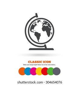 Globe sign icon. World map geography symbol. Globe on stand for studying. Classic flat icon. Colored circles. Vector