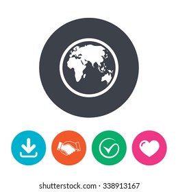 Globe sign icon. World map geography symbol. Download arrow, handshake, tick and heart. Flat circle buttons.