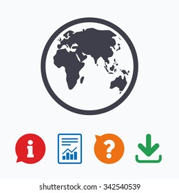 Globe sign icon. World map geography symbol. Information think bubble, question mark, download and report.