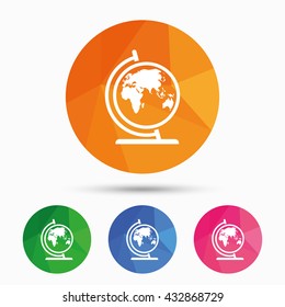 Globe sign icon. World map geography symbol. Globe on stand for studying. Triangular low poly button with flat icon. Vector