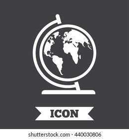 Globe sign icon. World map geography symbol. Globe on stand for studying. Graphic design element. Flat world symbol on dark background. Vector