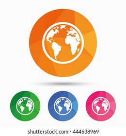 Globe sign icon. World map geography symbol. Triangular low poly button with flat icon. Vector