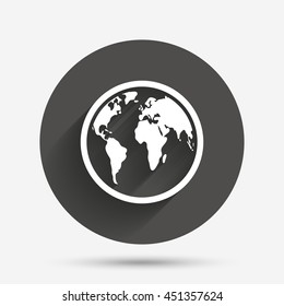 Globe sign icon. World map geography symbol. Circle flat button with shadow. Vector