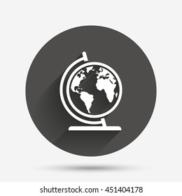 Globe sign icon. World map geography symbol. Globe on stand for studying. Circle flat button with shadow. Vector