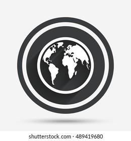Globe sign icon. World map geography symbol. Circle flat button with shadow and border. Vector