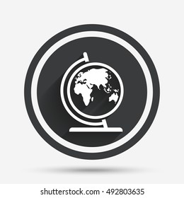 Globe sign icon. World map geography symbol. Globe on stand for studying. Circle flat button with shadow and border. Vector