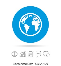 Globe sign icon. World map geography symbol. Copy files, chat speech bubble and chart web icons. Vector