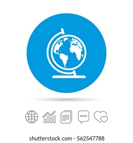 Globe sign icon. World map geography symbol. Globe on stand for studying. Copy files, chat speech bubble and chart web icons. Vector