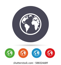 Globe sign icon. World map geography symbol. Round colourful buttons with flat icons. Vector