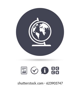 Globe sign icon. World map geography symbol. Globe on stand for studying. Report document, information and check tick icons. Currency exchange. Vector