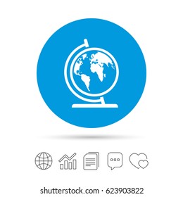 Globe sign icon. World map geography symbol. Globe on stand for studying. Copy files, chat speech bubble and chart web icons. Vector