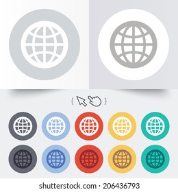 Globe sign icon. World symbol. Round 12 circle buttons. Shadow. Hand cursor pointer. Vector
