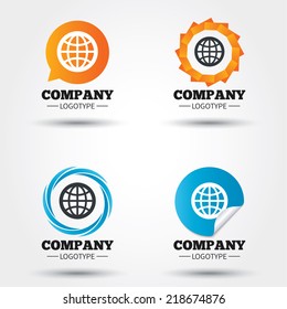 Globe sign icon. World symbol. Business abstract circle logos. Icon in speech bubble, wreath. Vector