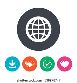 Globe sign icon. World symbol. Download arrow, handshake, tick and heart. Flat circle buttons.