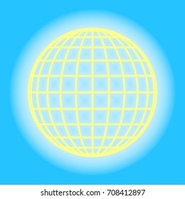 Globe sign illustration. 11 parallels and 11 meridian Vector. Yellow sunny shining icon on sky blue background.