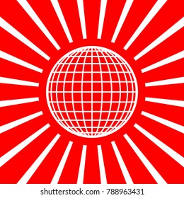 Globe sign illustration. 13 parallels and 13 meridian. Vector. White icon on red sun with rays as background. Isolated.