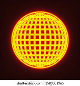 Globe sign illustration. 15 parallels and 15 meridian. Yellow, orange, red neon icon at dark reddish background. Illumination. Illustration.