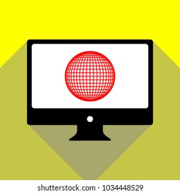 Globe sign illustration. 21 parallels and 21 meridian. Vector. Red icon on white monitor of black all-in-one desktop computer with two shadows at yellow background.