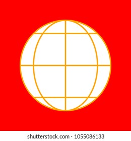 Globe sign illustration. 3 parallels and 3 meridian. Vector. Orange icon with white holes if exist at red background. Isolated.