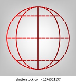 Globe sign illustration. 3 parallels and 3 meridian. Vector. Vertically divided icon with colors from reddish gradient in gray background with light in center.