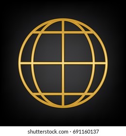 Globe sign illustration. 3 parallels and 3 meridian Vector. Golden icon on blackish background.
